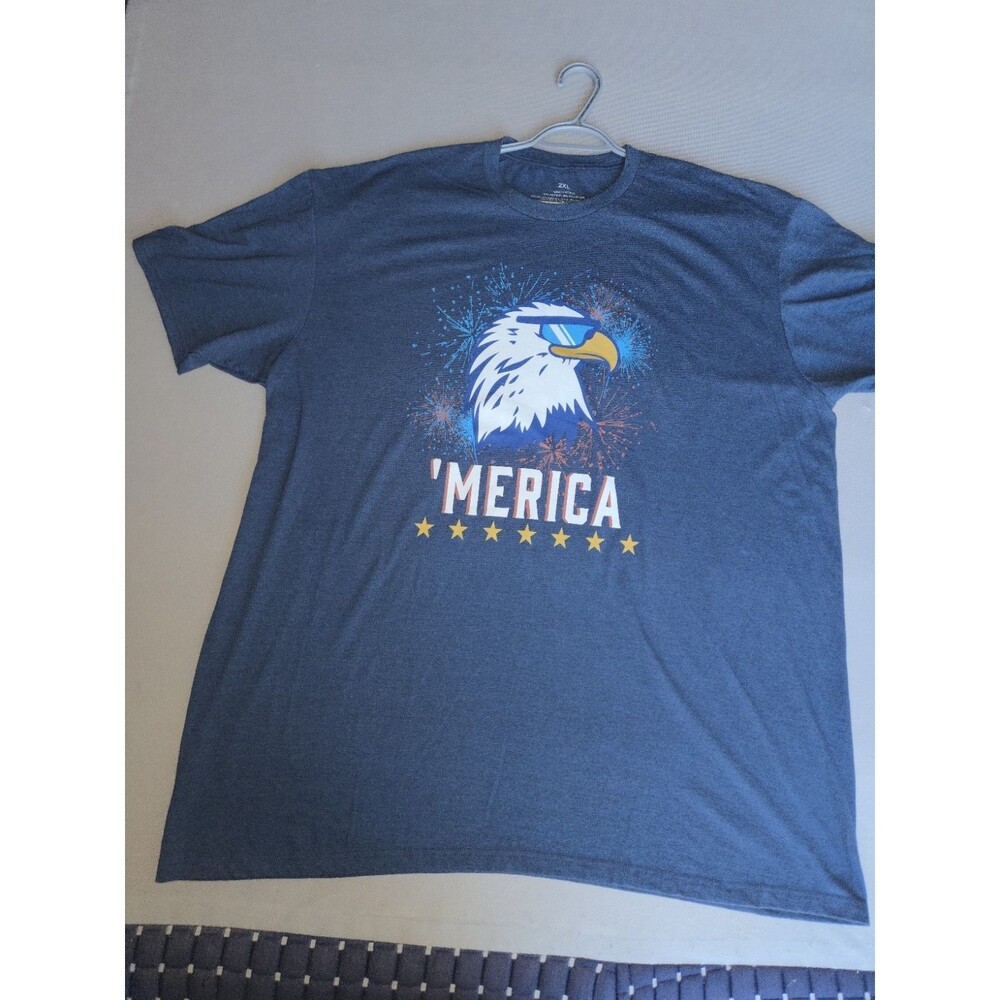 ’Merica Mens 2XL Graphic T-Shirt Blue Eagle Patriotic July 4th Pit to Pit 27x34